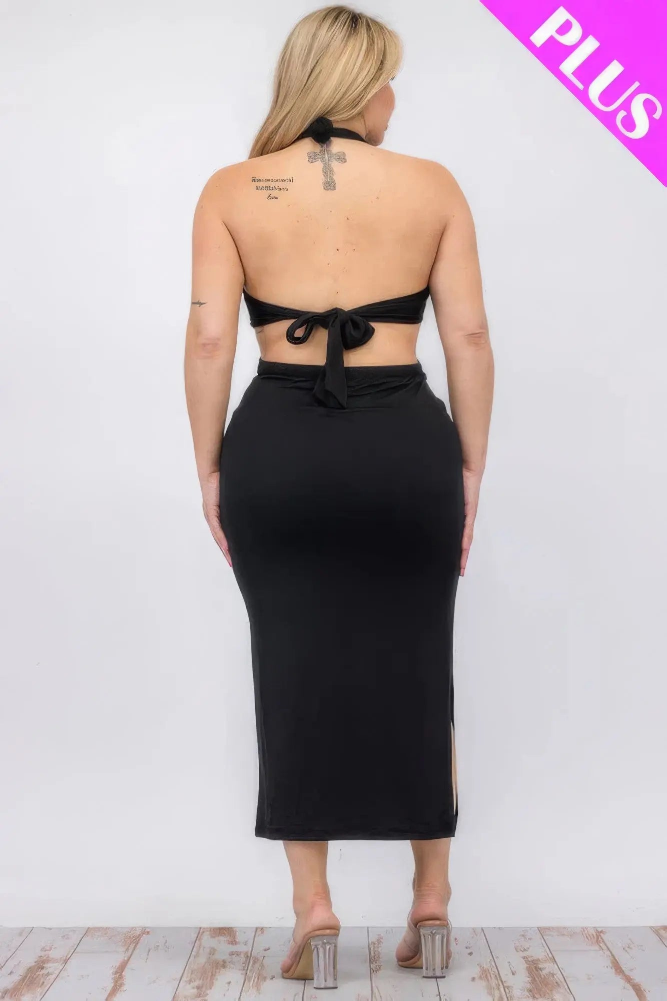 Plus Size Cut-out Halter Neck Double Back Tie Split Thigh Midi Dress - ThingsWeUseAndLove 