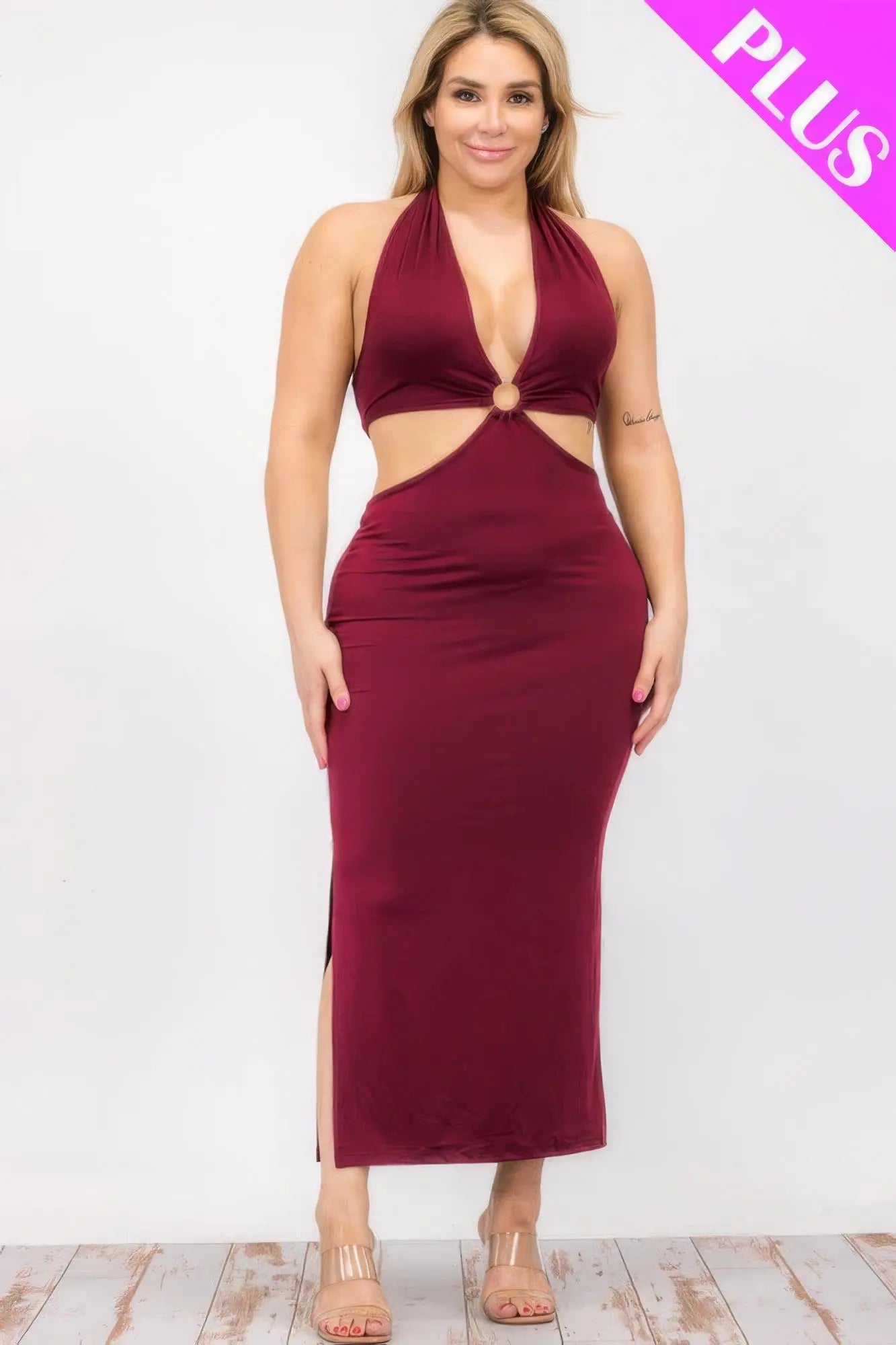 Plus Size Cut-out Halter Neck Double Back Tie Split Thigh Midi Dress - ThingsWeUseAndLove 