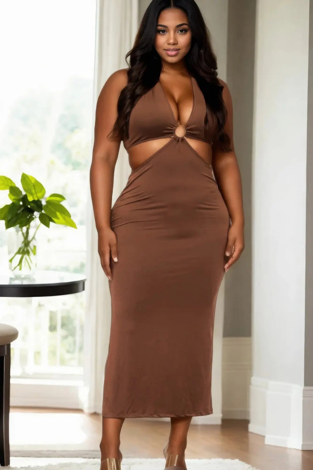 Plus Size Cut-out Halter Neck Double Back Tie Split Thigh Midi Dress - ThingsWeUseAndLove 