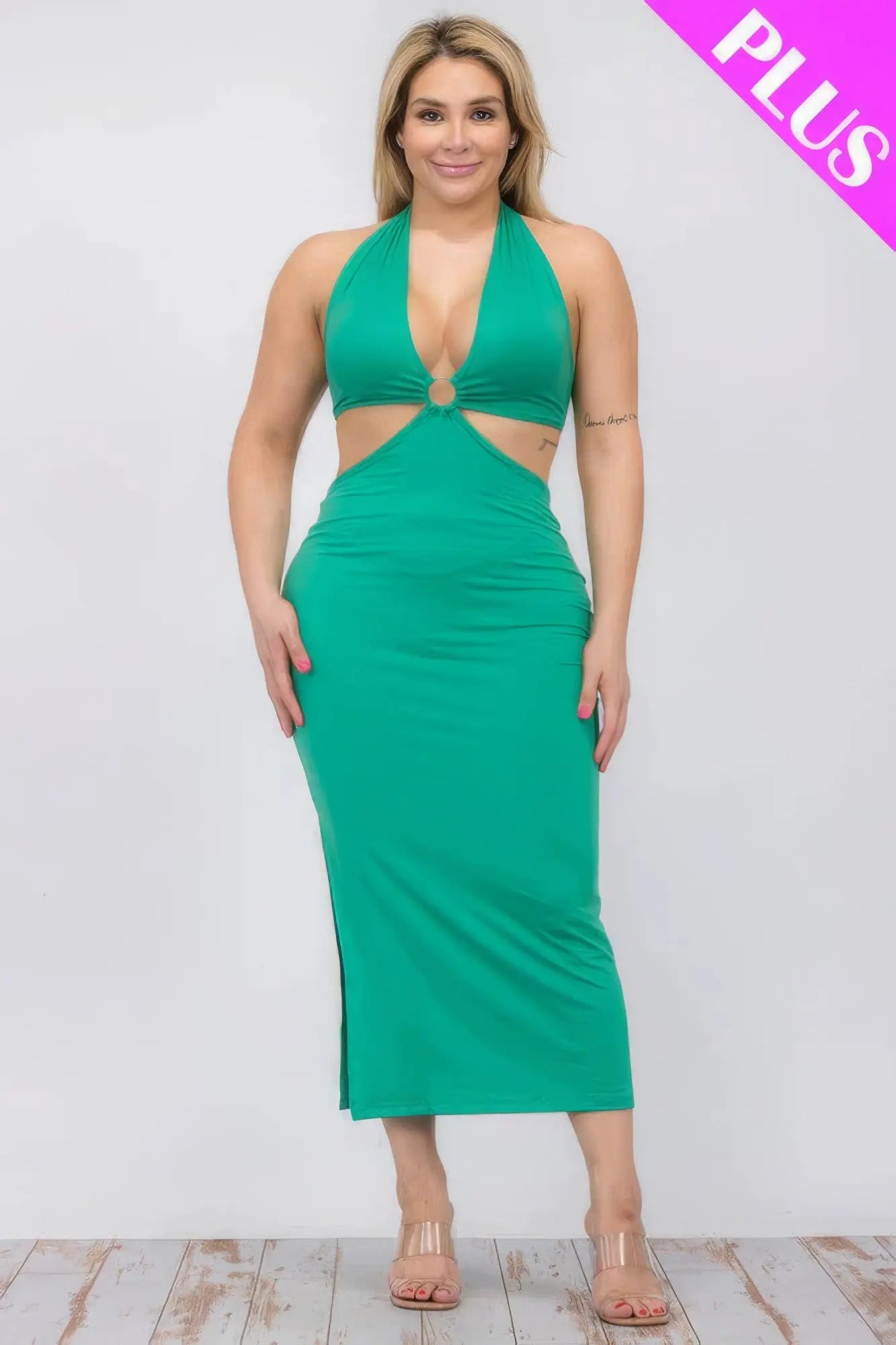 Plus Size Cut-out Halter Neck Double Back Tie Split Thigh Midi Dress - ThingsWeUseAndLove 