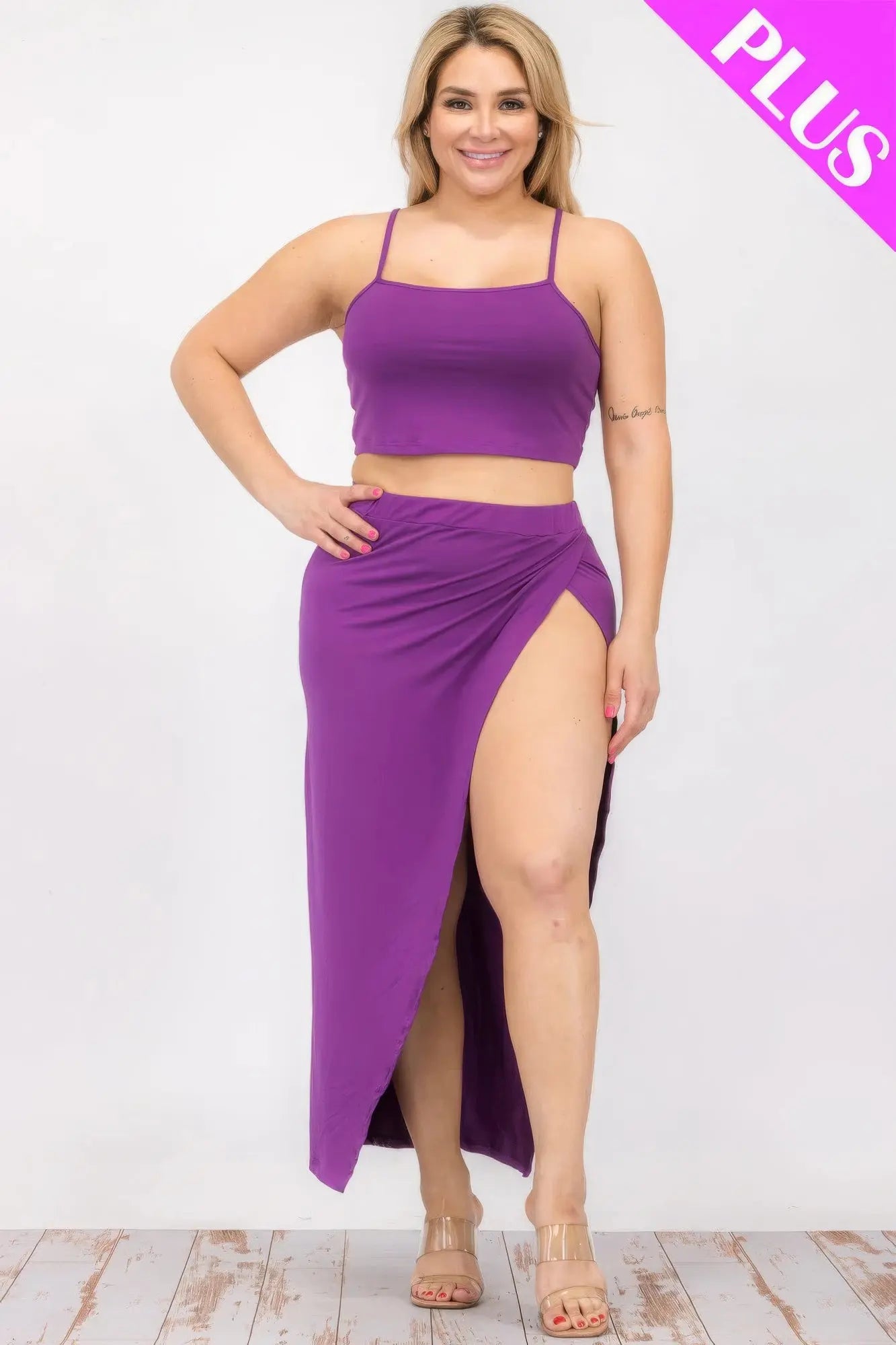 Plus Size Crop Cami & Split Thigh Maxi Skirt Set - ThingsWeUseAndLove 