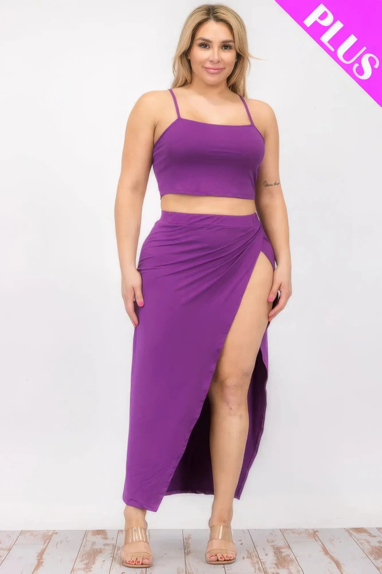 Plus Size Crop Cami & Split Thigh Maxi Skirt Set - ThingsWeUseAndLove 