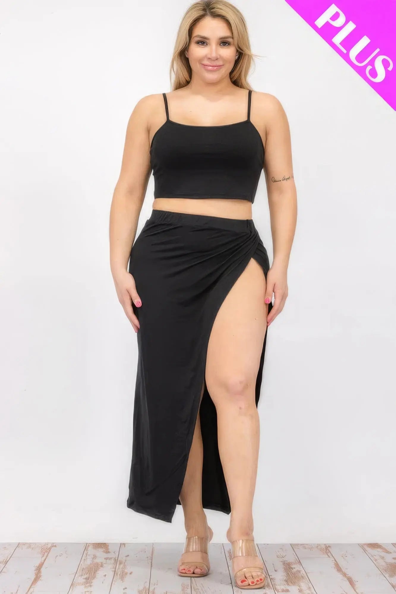 Plus Size Crop Cami & Split Thigh Maxi Skirt Set - ThingsWeUseAndLove 