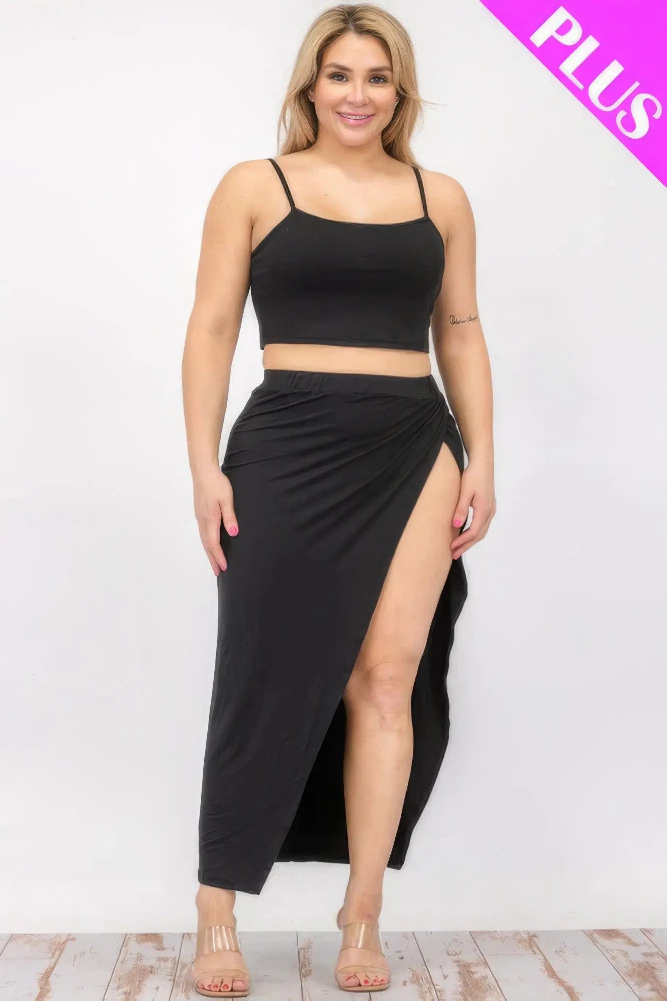 Plus Size Crop Cami & Split Thigh Maxi Skirt Set - ThingsWeUseAndLove 