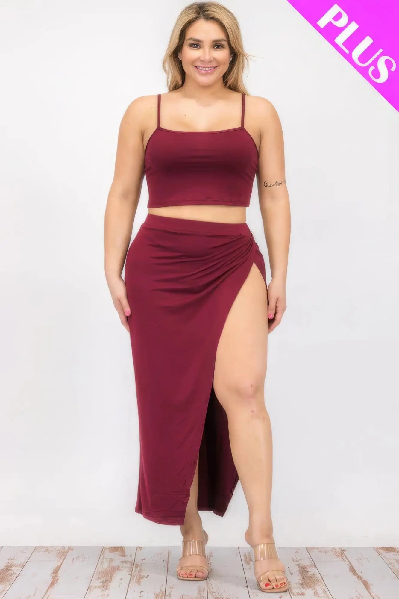 Plus Size Crop Cami & Split Thigh Maxi Skirt Set - ThingsWeUseAndLove 