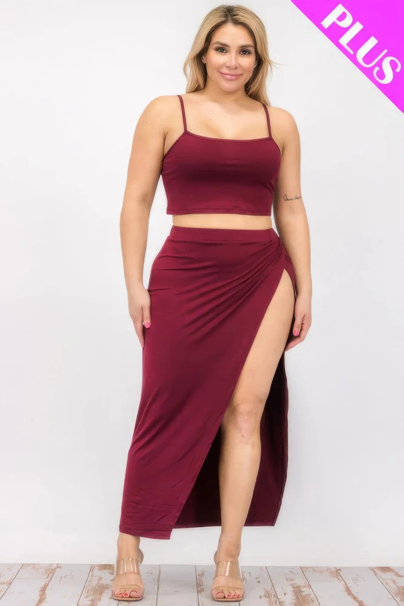 Plus Size Crop Cami & Split Thigh Maxi Skirt Set - ThingsWeUseAndLove 