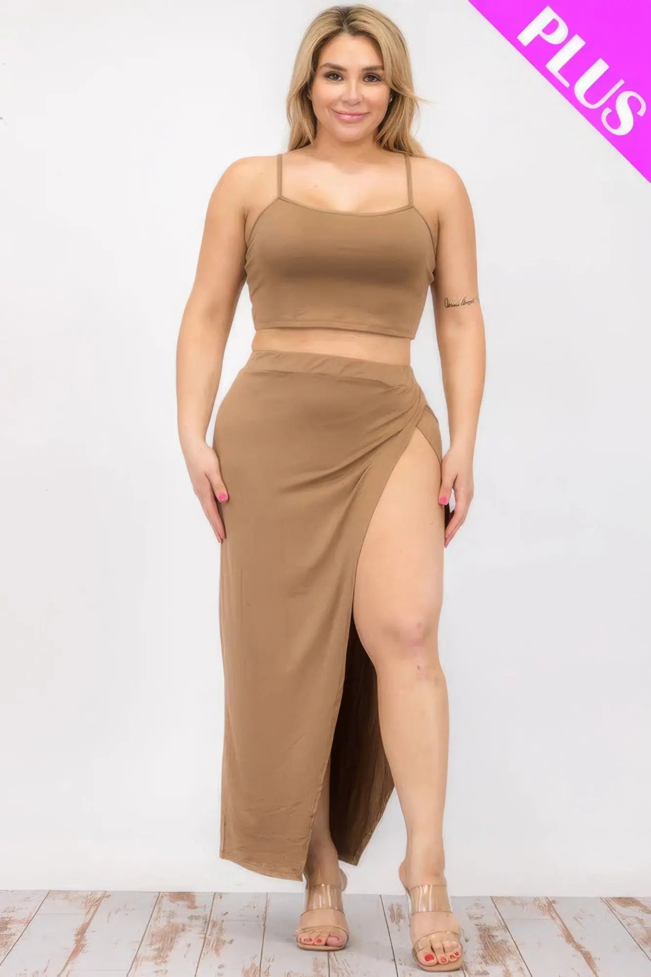 Plus Size Crop Cami & Split Thigh Maxi Skirt Set - ThingsWeUseAndLove 