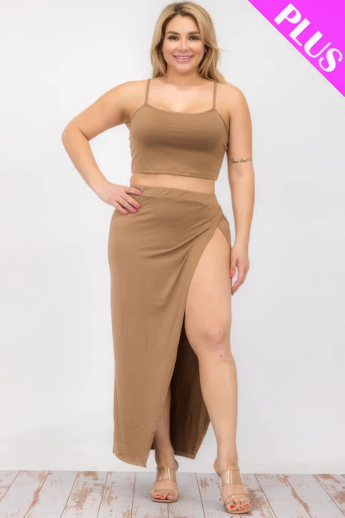 Plus Size Crop Cami & Split Thigh Maxi Skirt Set - ThingsWeUseAndLove 