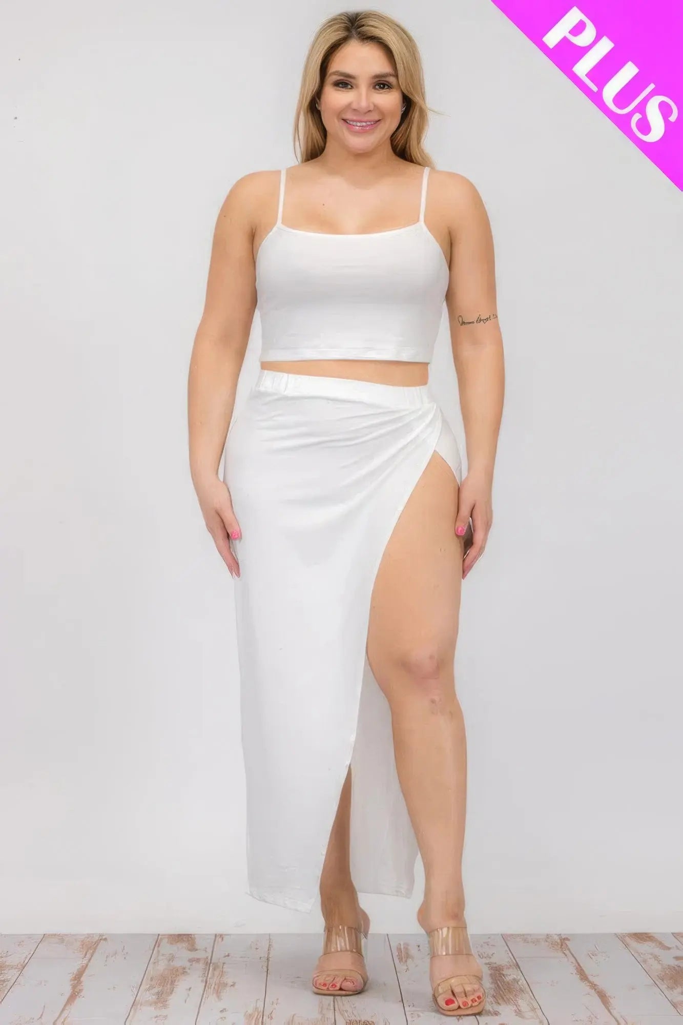 Plus Size Crop Cami & Split Thigh Maxi Skirt Set - ThingsWeUseAndLove 