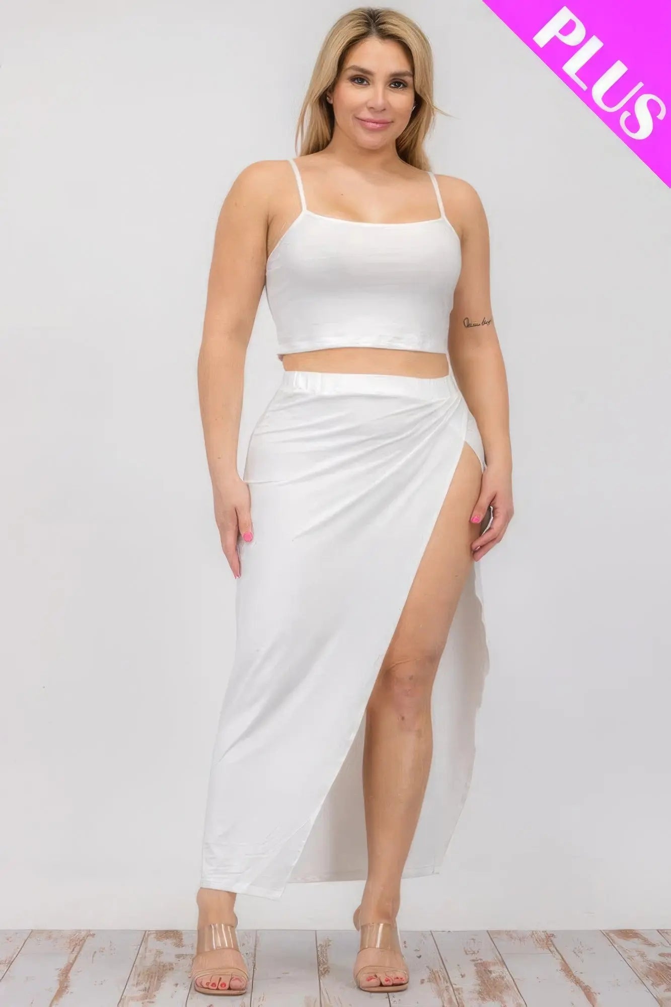 Plus Size Crop Cami & Split Thigh Maxi Skirt Set - ThingsWeUseAndLove 