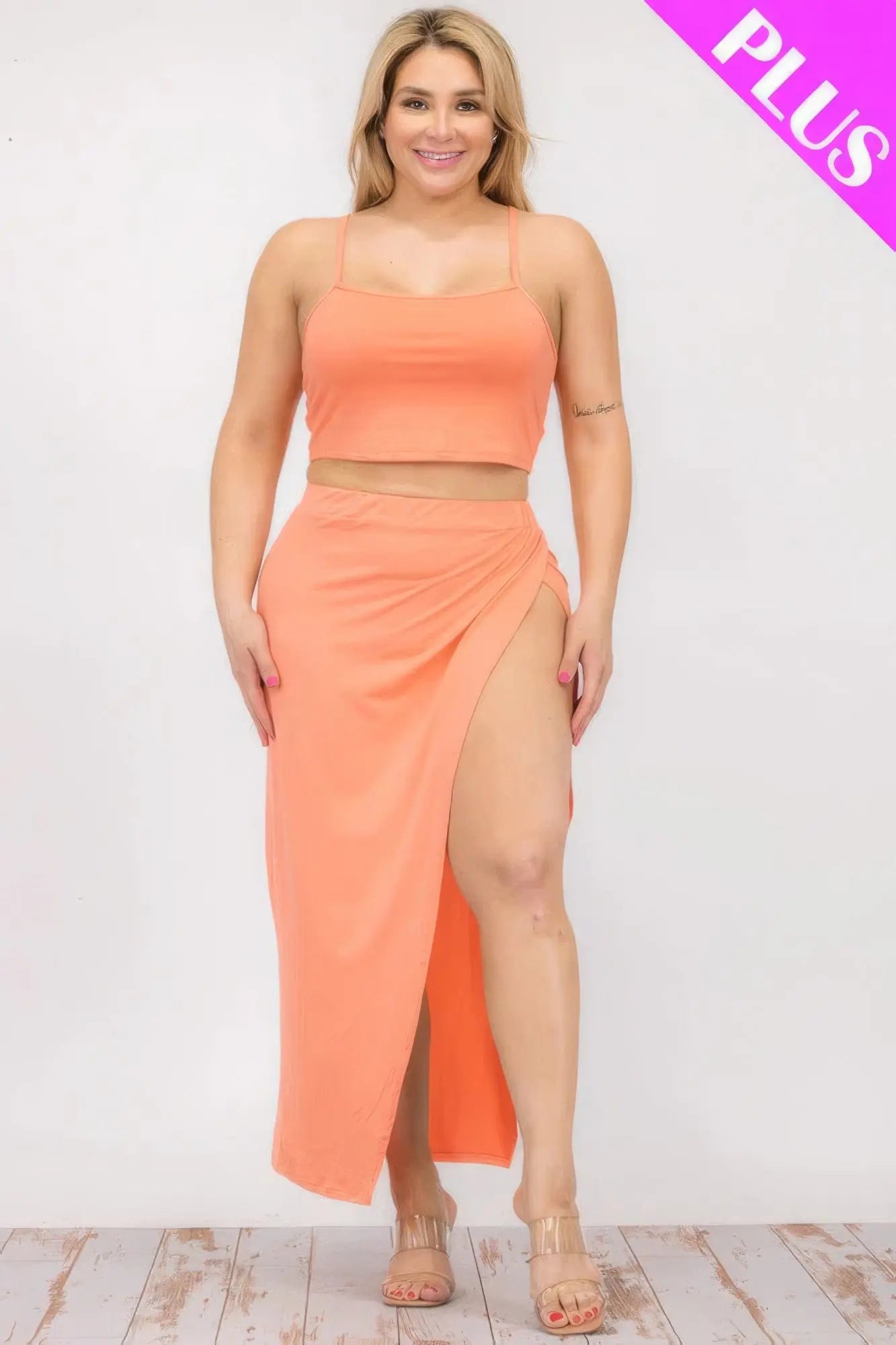 Plus Size Crop Cami & Split Thigh Maxi Skirt Set - ThingsWeUseAndLove 