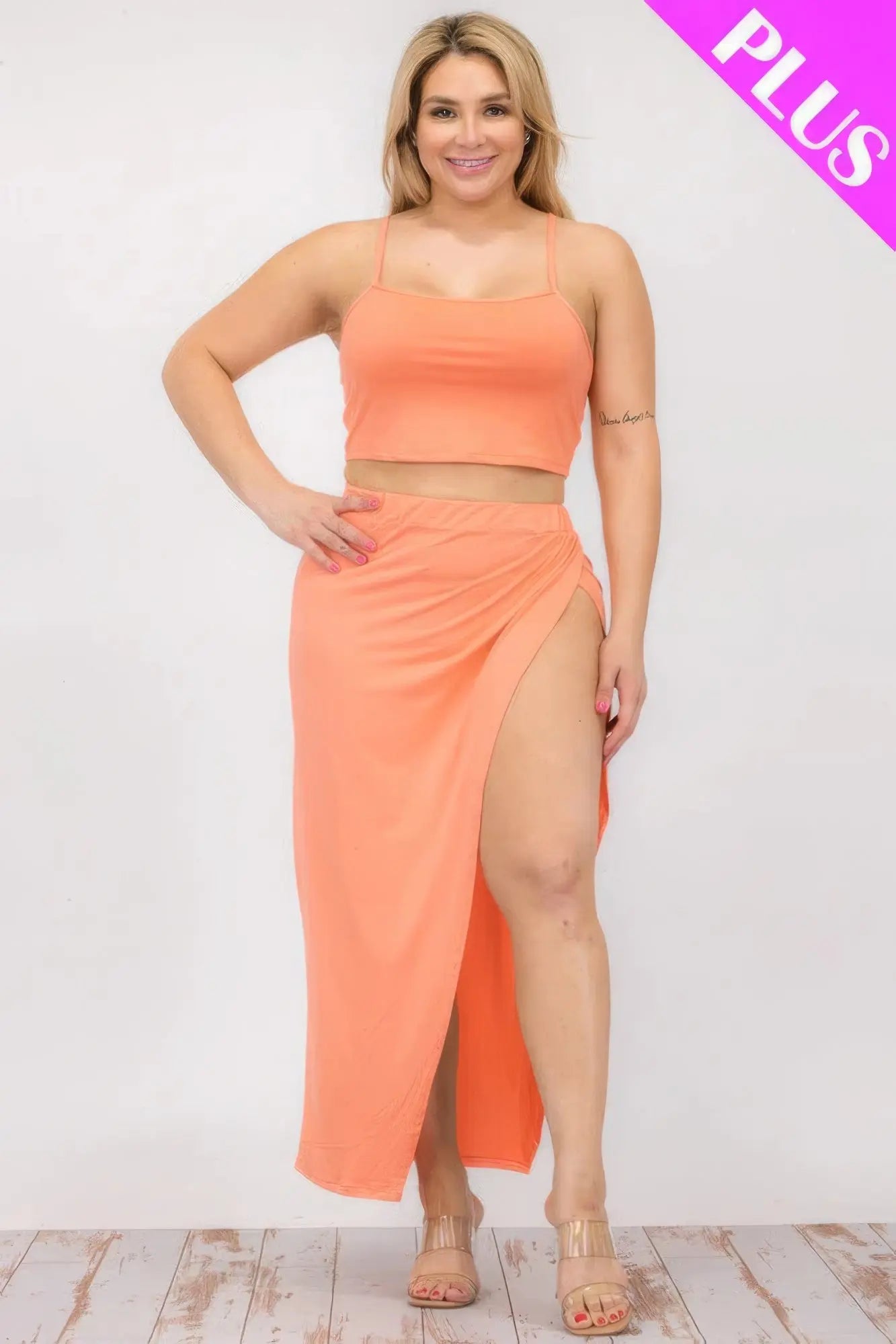 Plus Size Crop Cami & Split Thigh Maxi Skirt Set - ThingsWeUseAndLove 