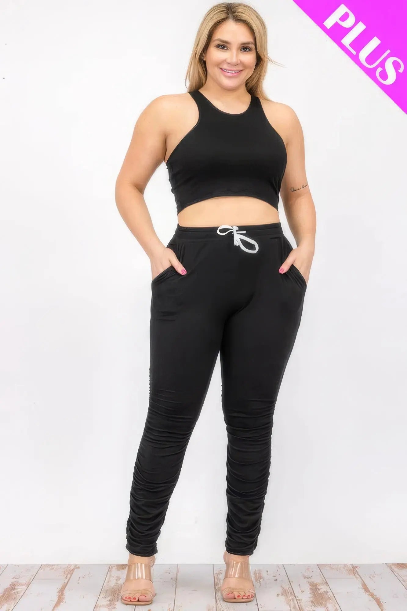 Plus Size Crop Tank Top & Ruched Pants Set - ThingsWeUseAndLove 