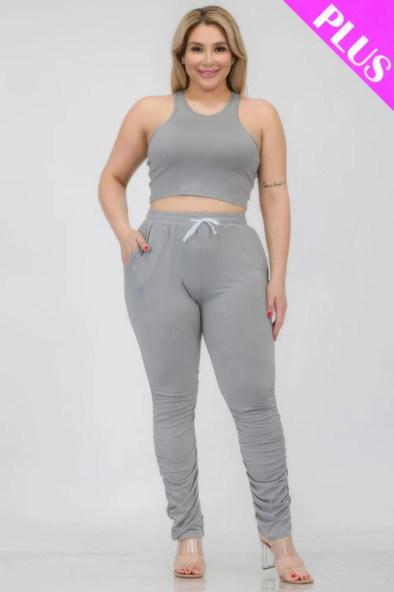 Plus Size Crop Tank Top & Ruched Pants Set - ThingsWeUseAndLove 