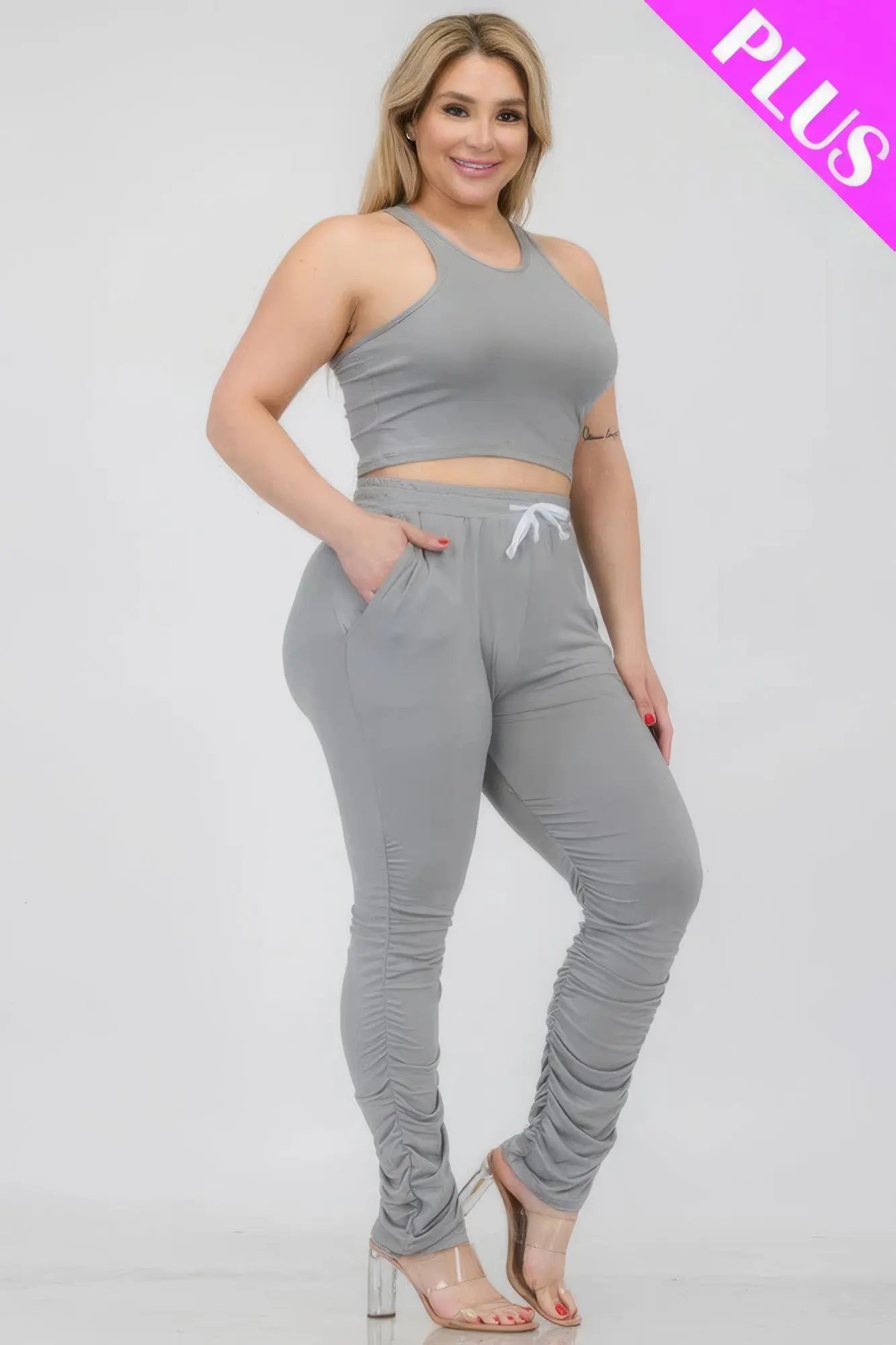 Plus Size Crop Tank Top & Ruched Pants Set - ThingsWeUseAndLove 