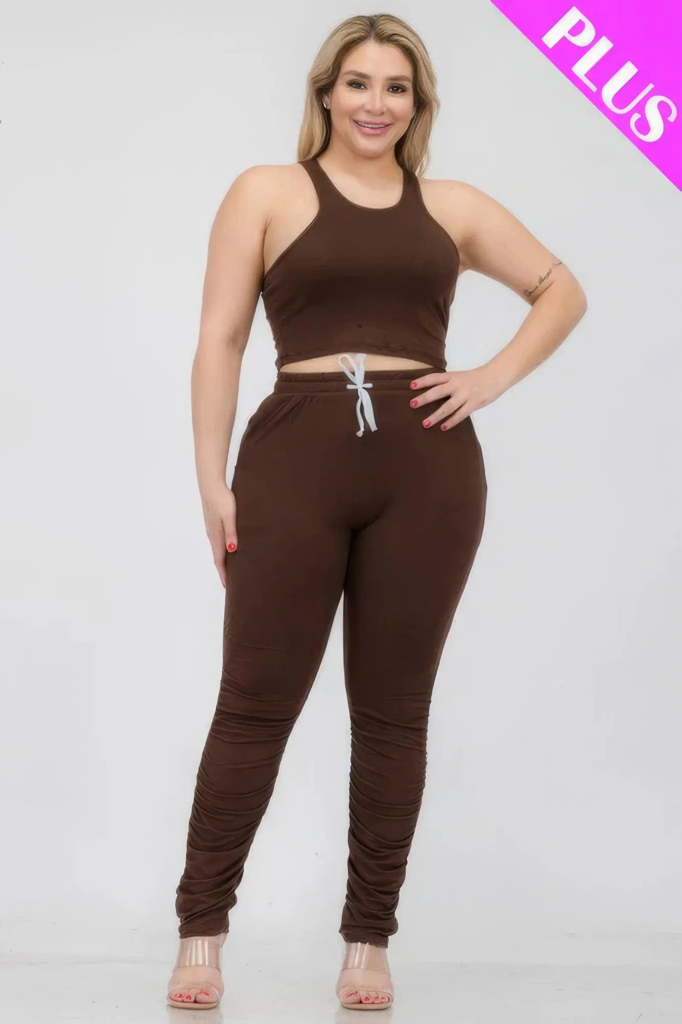 Plus Size Crop Tank Top & Ruched Pants Set - ThingsWeUseAndLove 