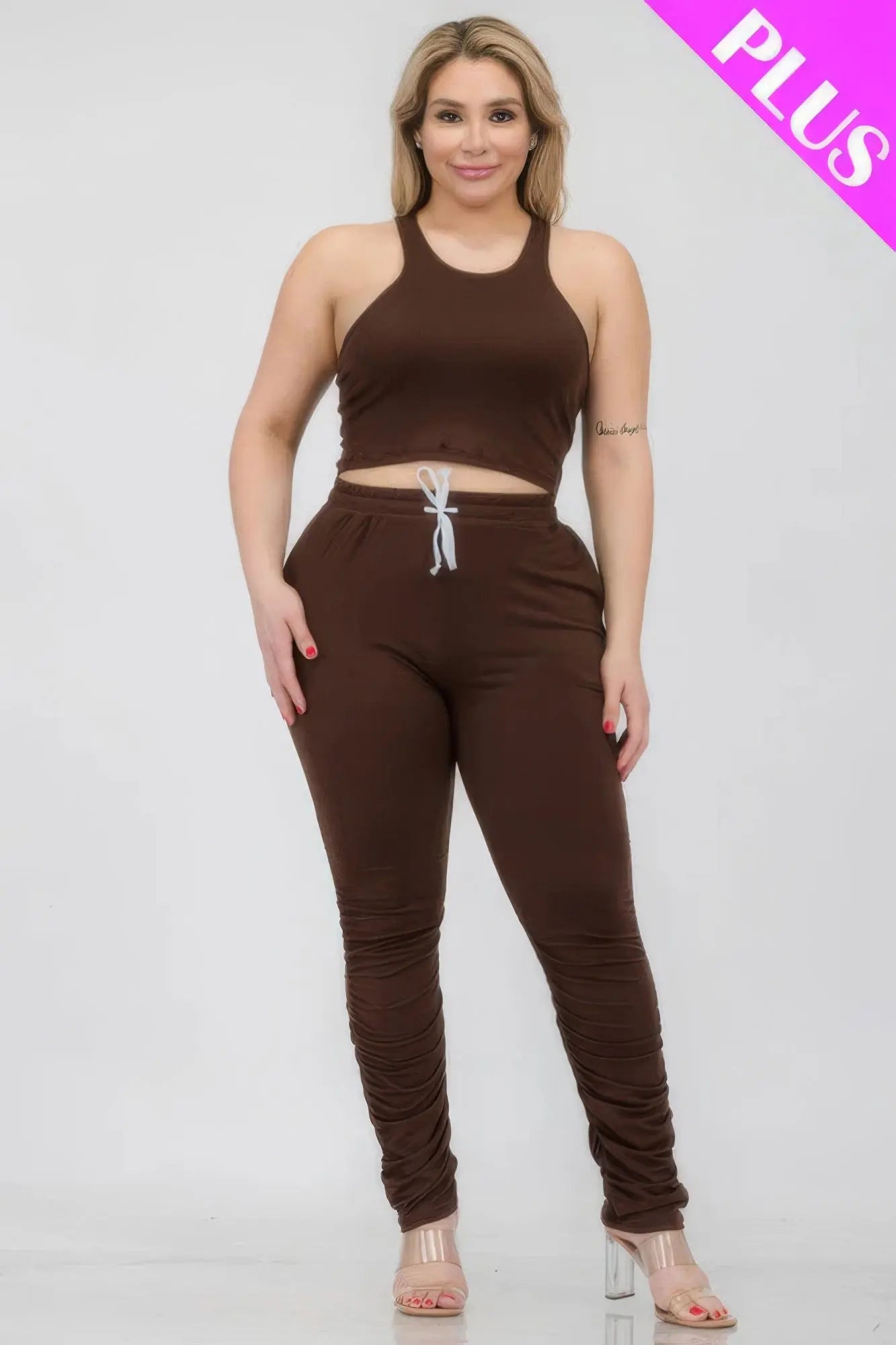 Plus Size Crop Tank Top & Ruched Pants Set - ThingsWeUseAndLove 