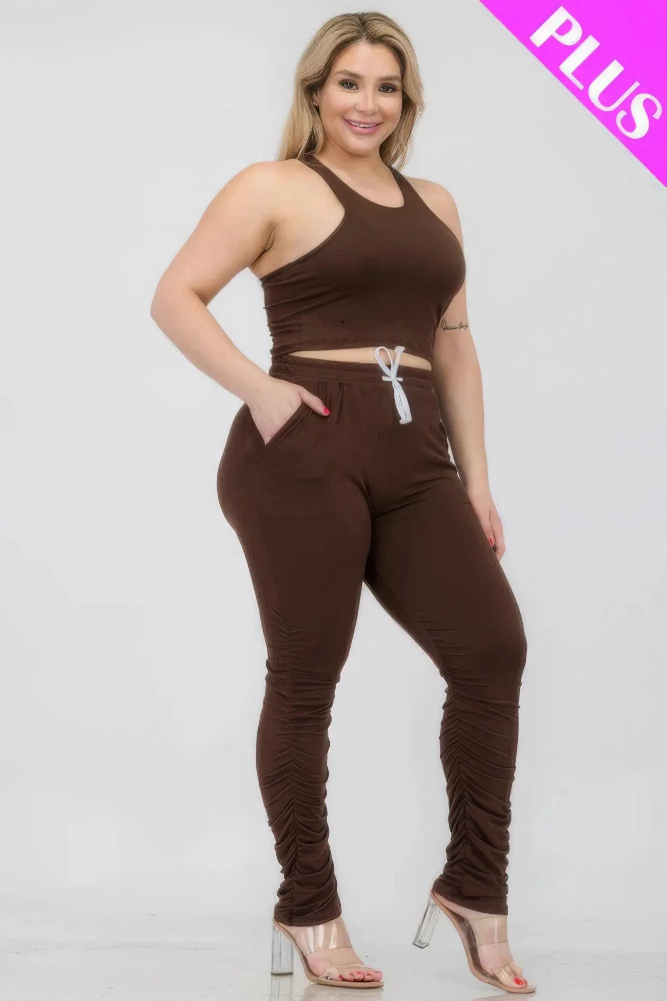 Plus Size Crop Tank Top & Ruched Pants Set - ThingsWeUseAndLove 