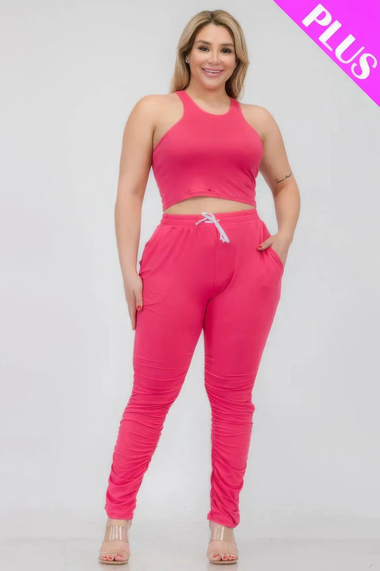 Plus Size Crop Tank Top & Ruched Pants Set - ThingsWeUseAndLove 