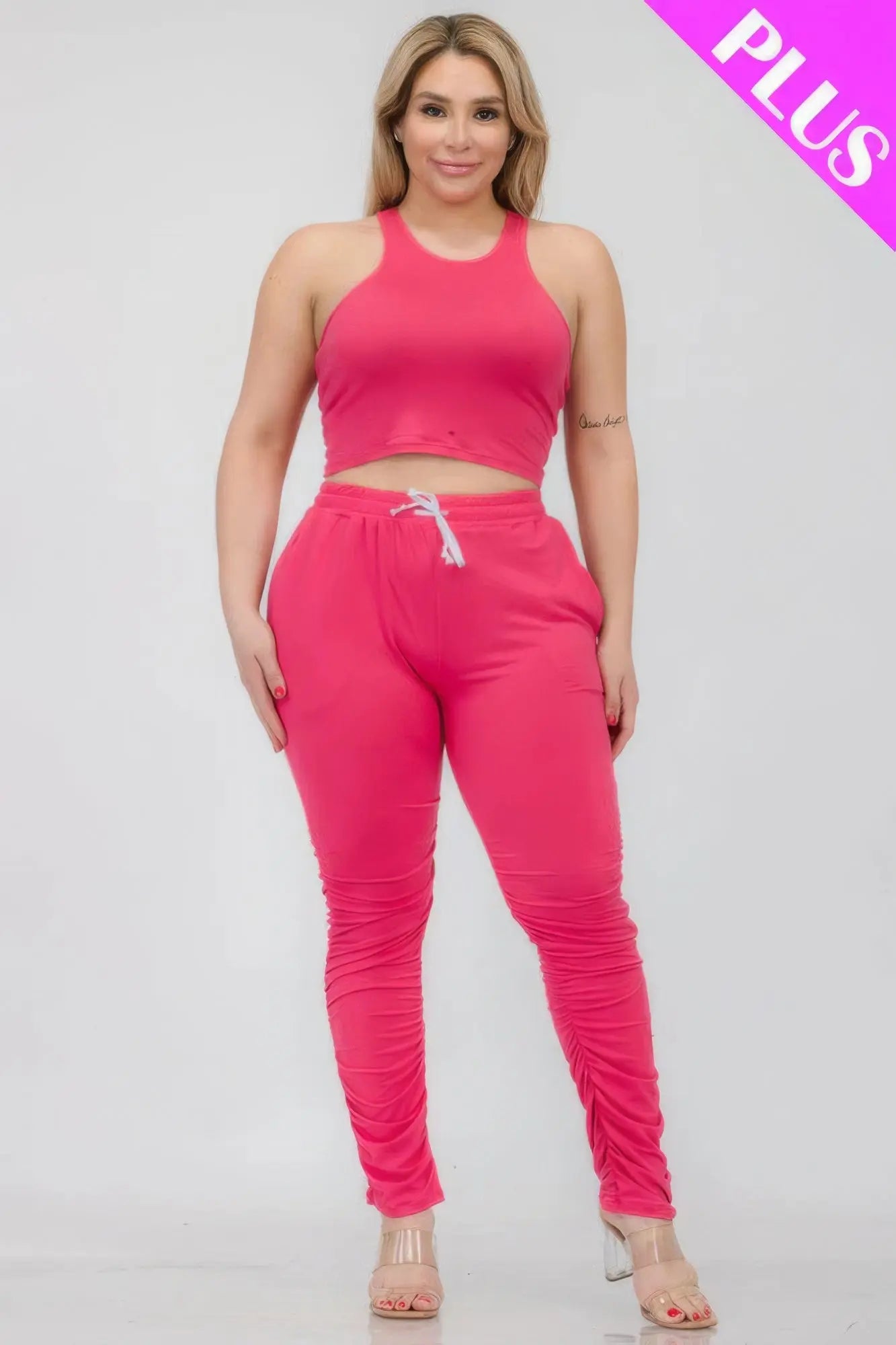 Plus Size Crop Tank Top & Ruched Pants Set - ThingsWeUseAndLove 