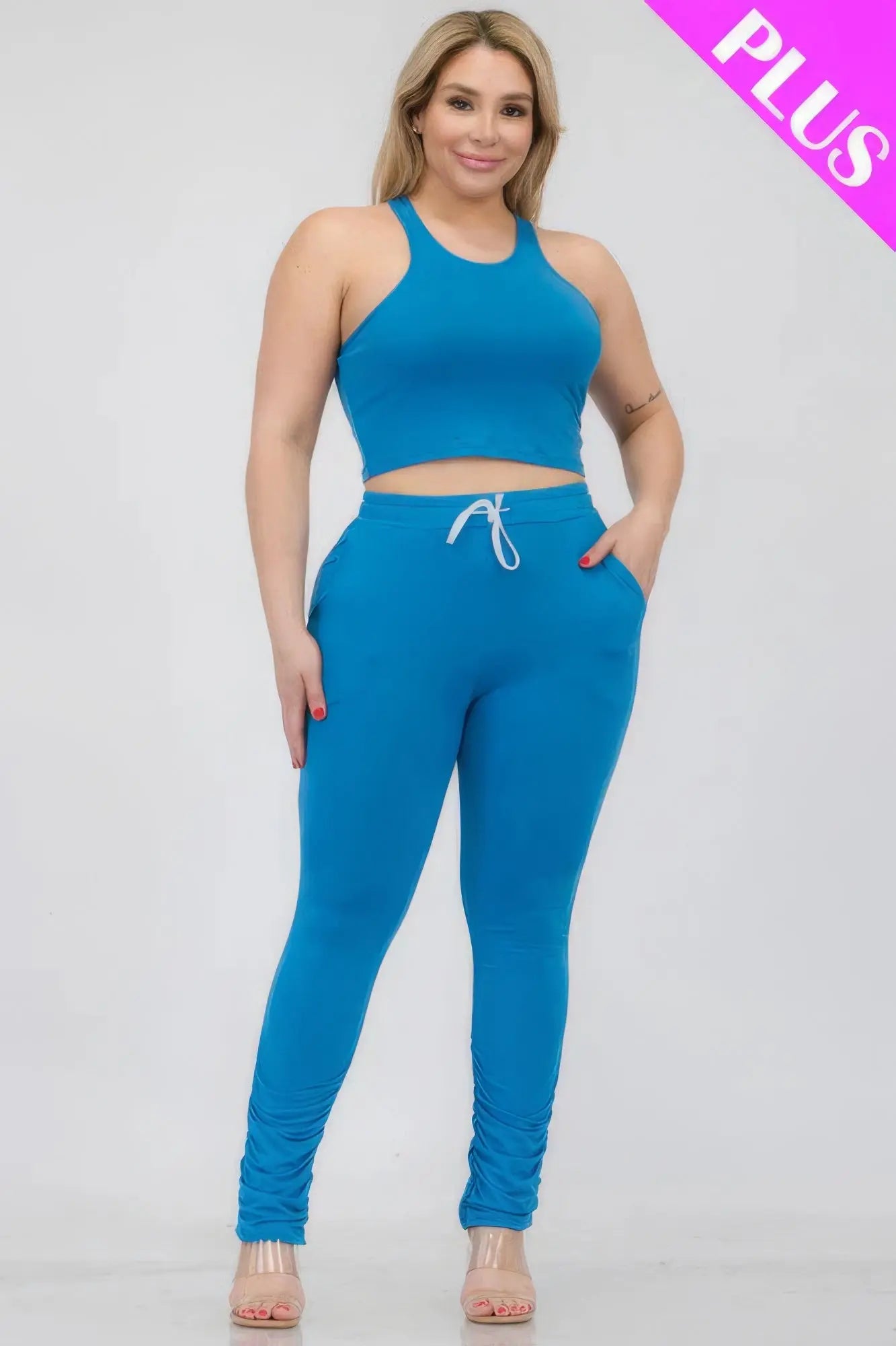 Plus Size Crop Tank Top & Ruched Pants Set - ThingsWeUseAndLove 