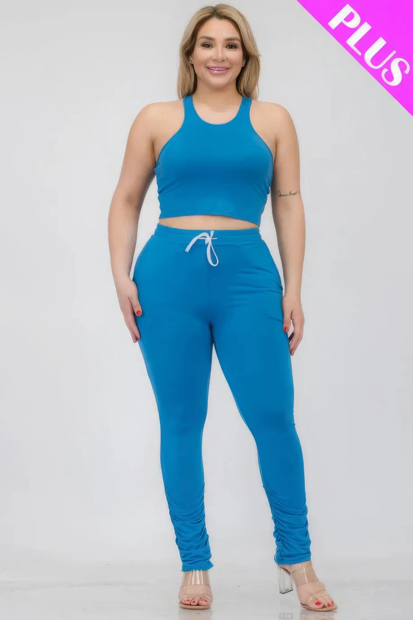 Plus Size Crop Tank Top & Ruched Pants Set - ThingsWeUseAndLove 