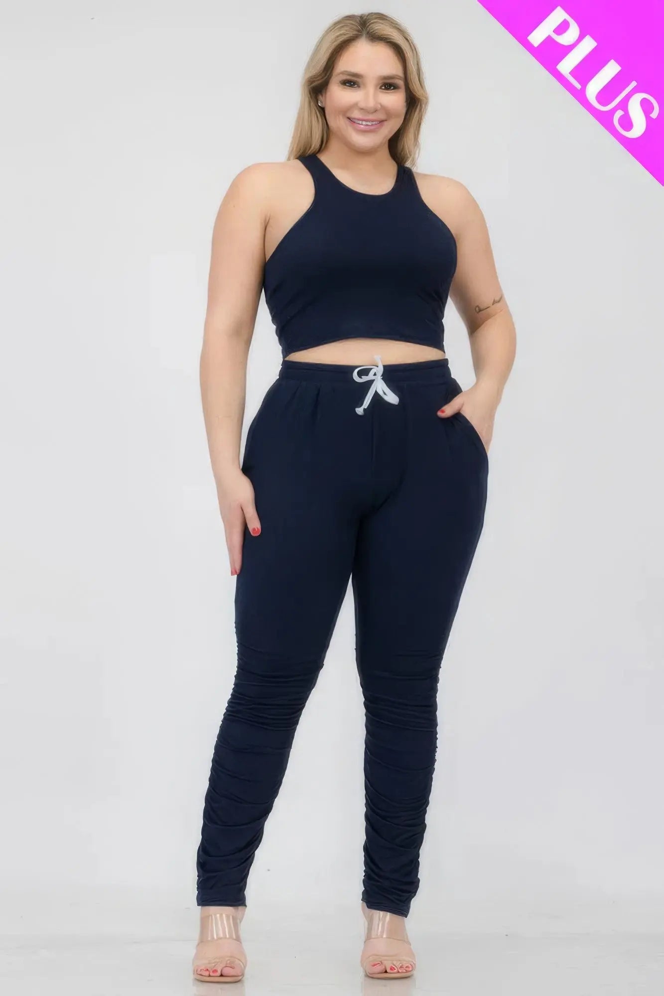 Plus Size Crop Tank Top & Ruched Pants Set - ThingsWeUseAndLove 