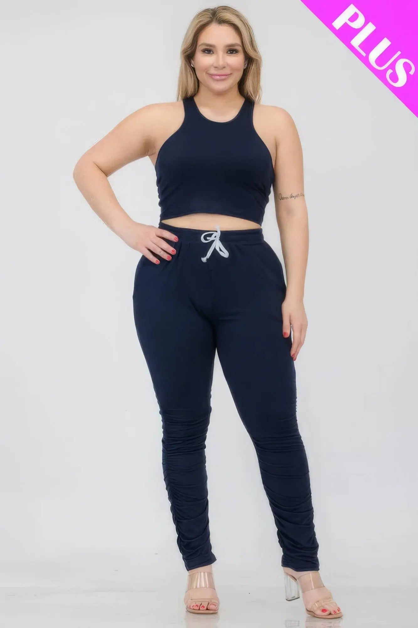 Plus Size Crop Tank Top & Ruched Pants Set - ThingsWeUseAndLove 