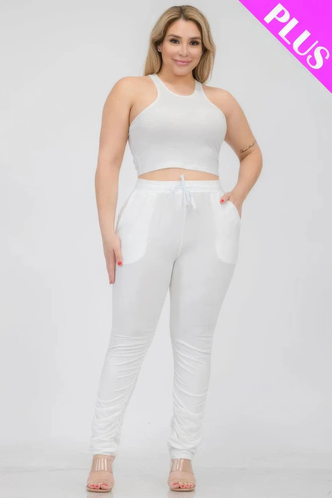 Plus Size Crop Tank Top & Ruched Pants Set - ThingsWeUseAndLove 