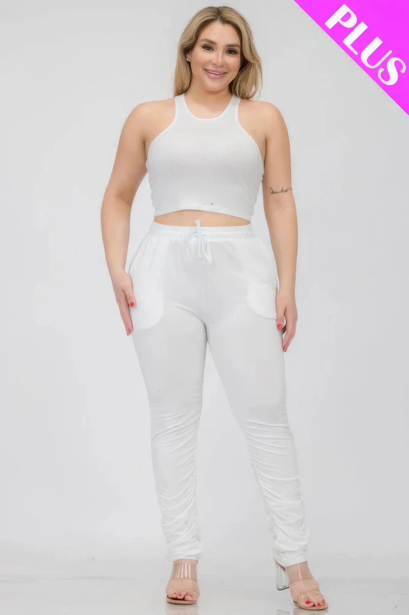 Plus Size Crop Tank Top & Ruched Pants Set - ThingsWeUseAndLove 