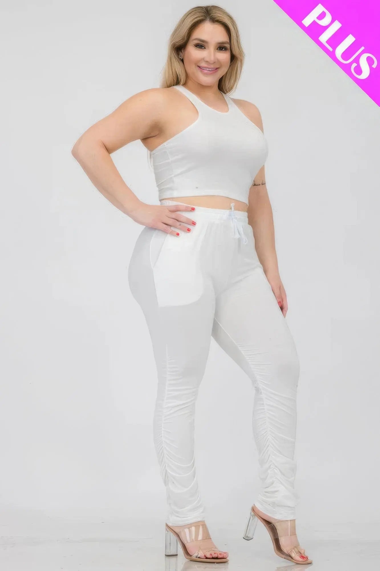 Plus Size Crop Tank Top & Ruched Pants Set - ThingsWeUseAndLove 