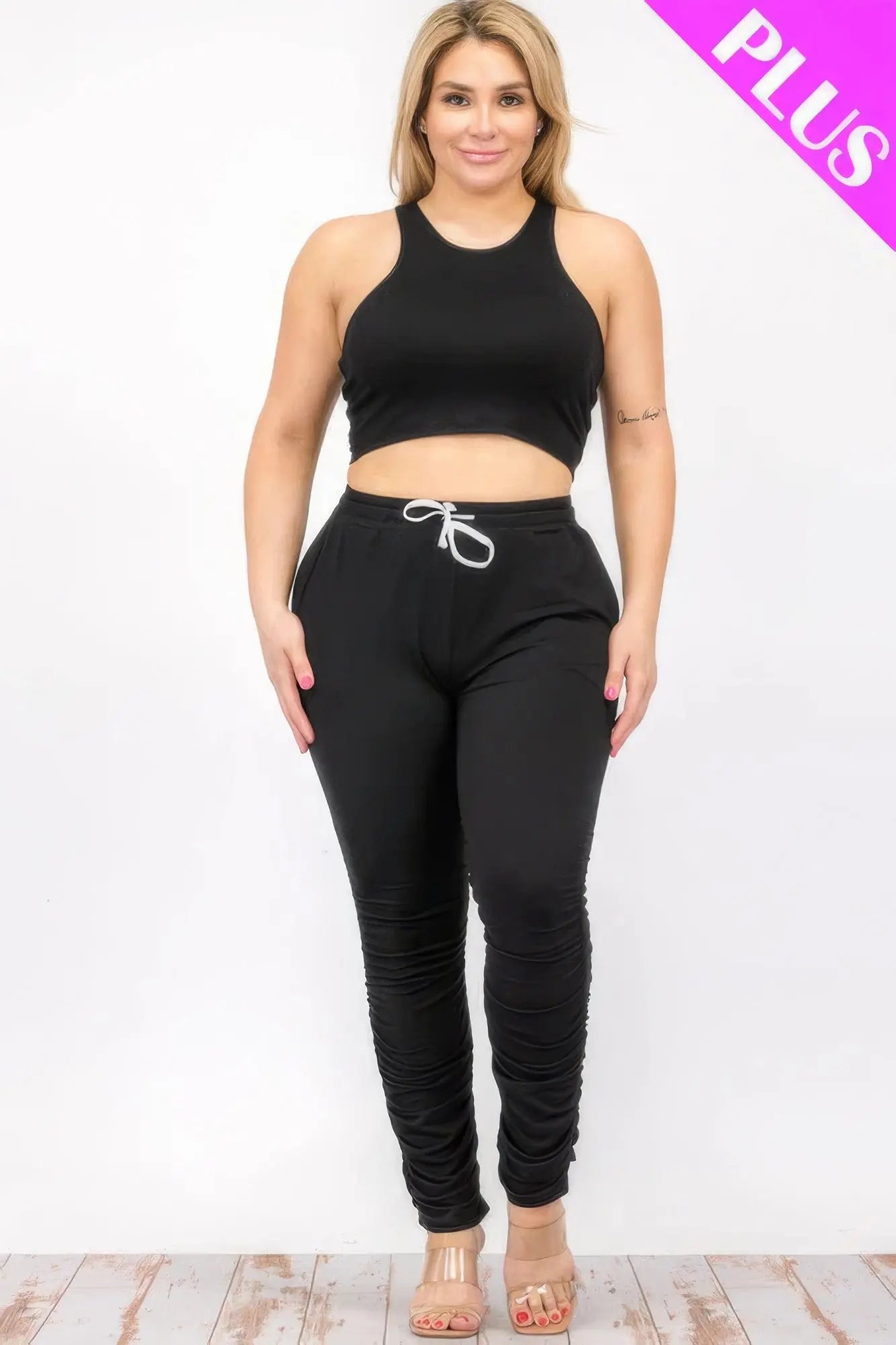 Plus Size Crop Tank Top & Ruched Pants Set - ThingsWeUseAndLove 