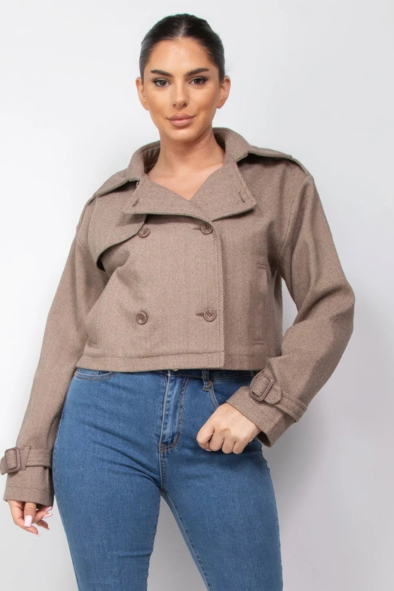 Notch Buckled Sleeve Crop Trench Coat - ThingsWeUseAndLove 