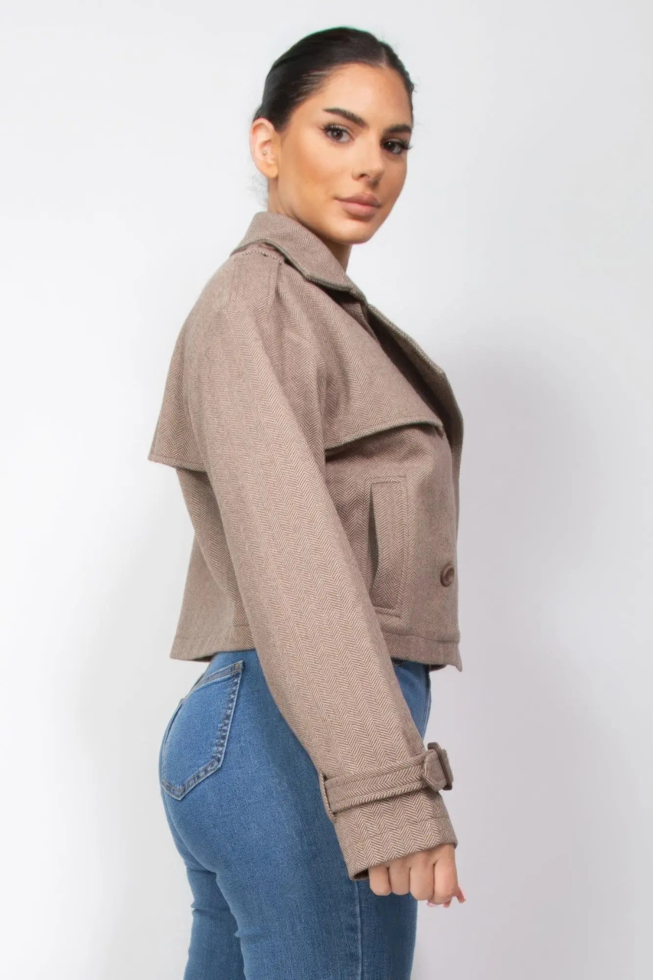 Notch Buckled Sleeve Crop Trench Coat - ThingsWeUseAndLove 