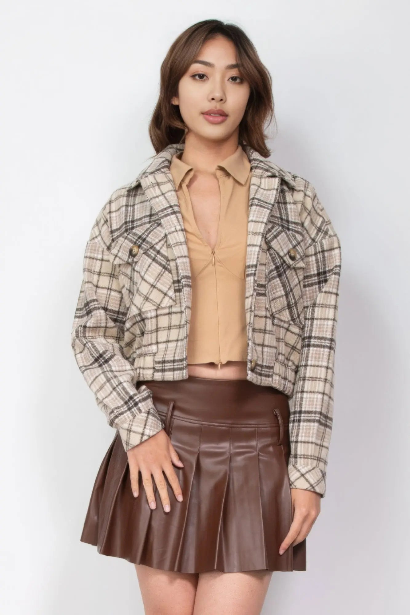 Plaid Button-down Crop Jacket - ThingsWeUseAndLove 