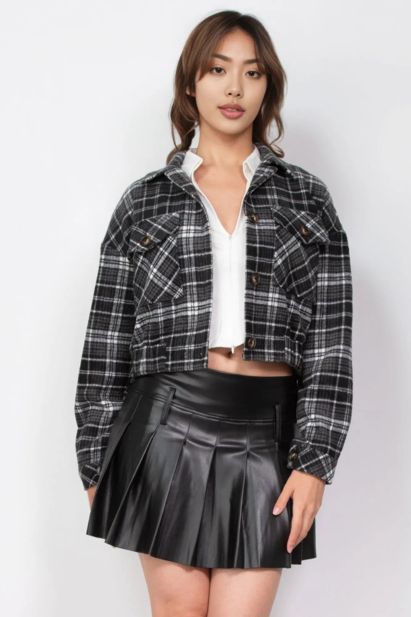 Plaid Button-down Crop Jacket - ThingsWeUseAndLove 