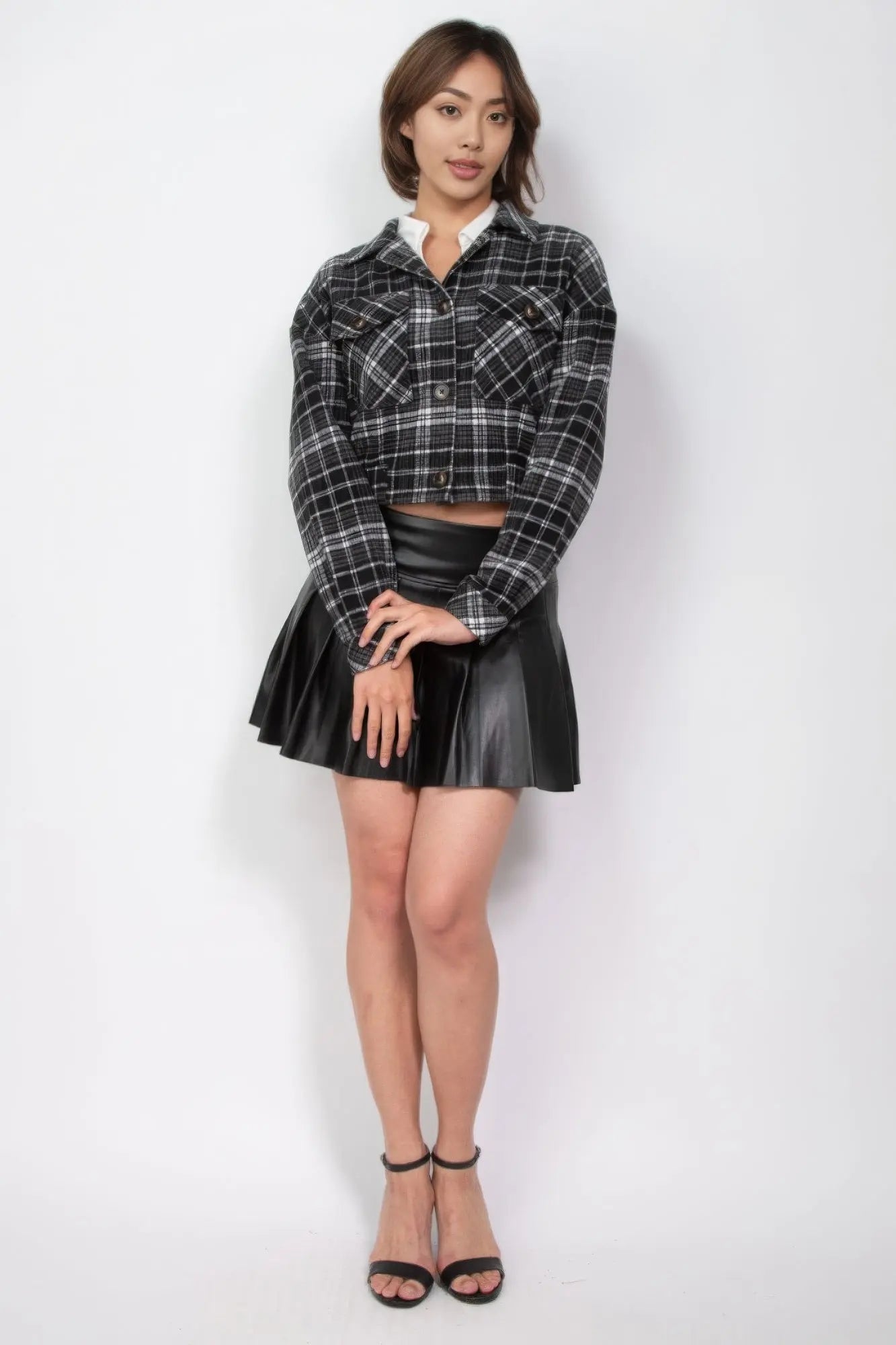 Plaid Button-down Crop Jacket - ThingsWeUseAndLove 