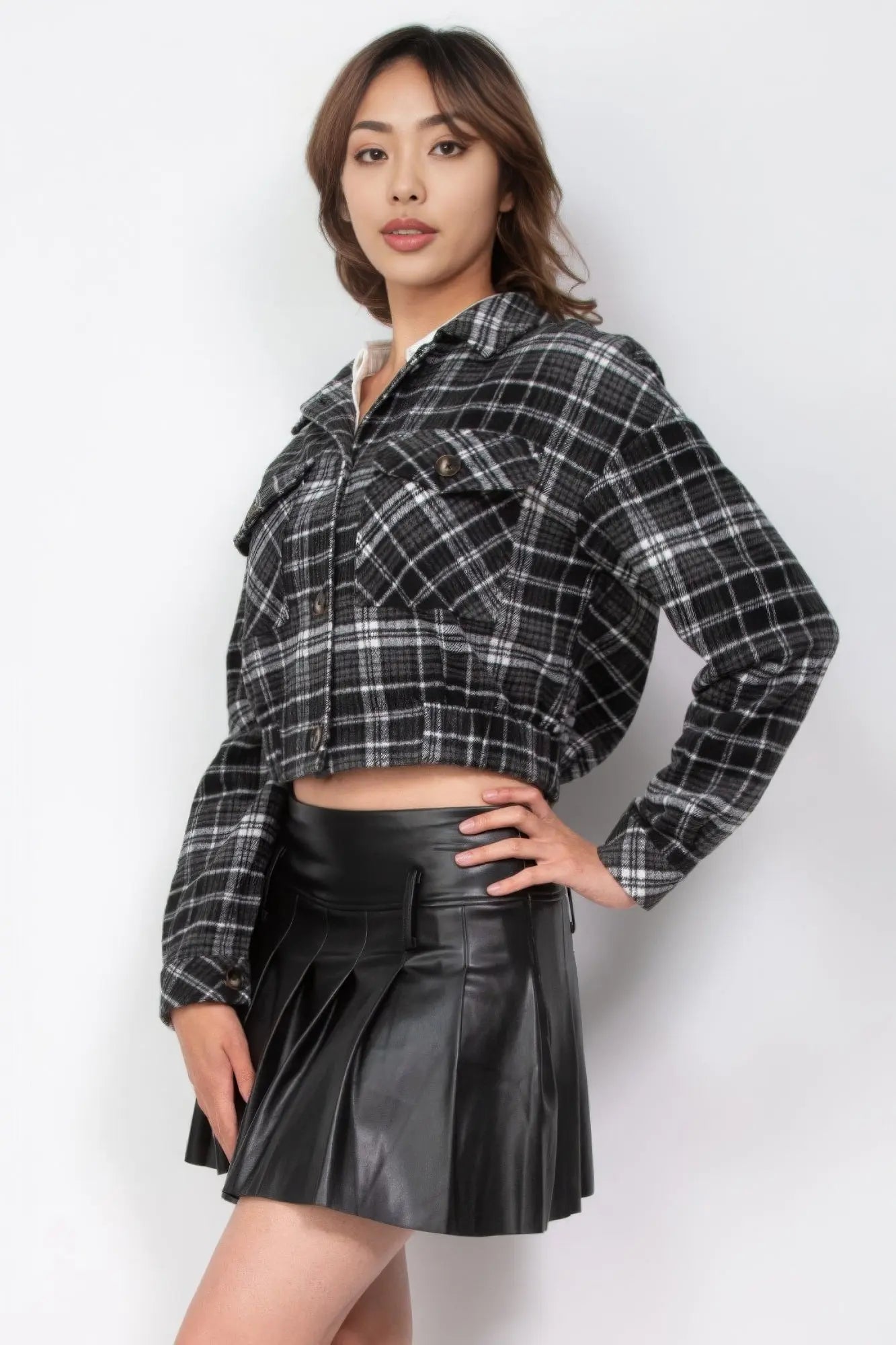 Plaid Button-down Crop Jacket - ThingsWeUseAndLove 