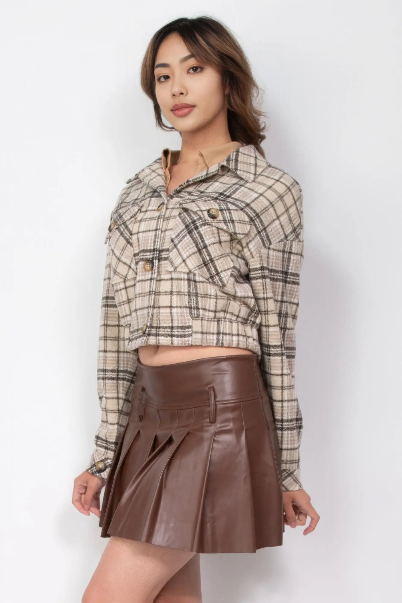 Plaid Button-down Crop Jacket - ThingsWeUseAndLove 