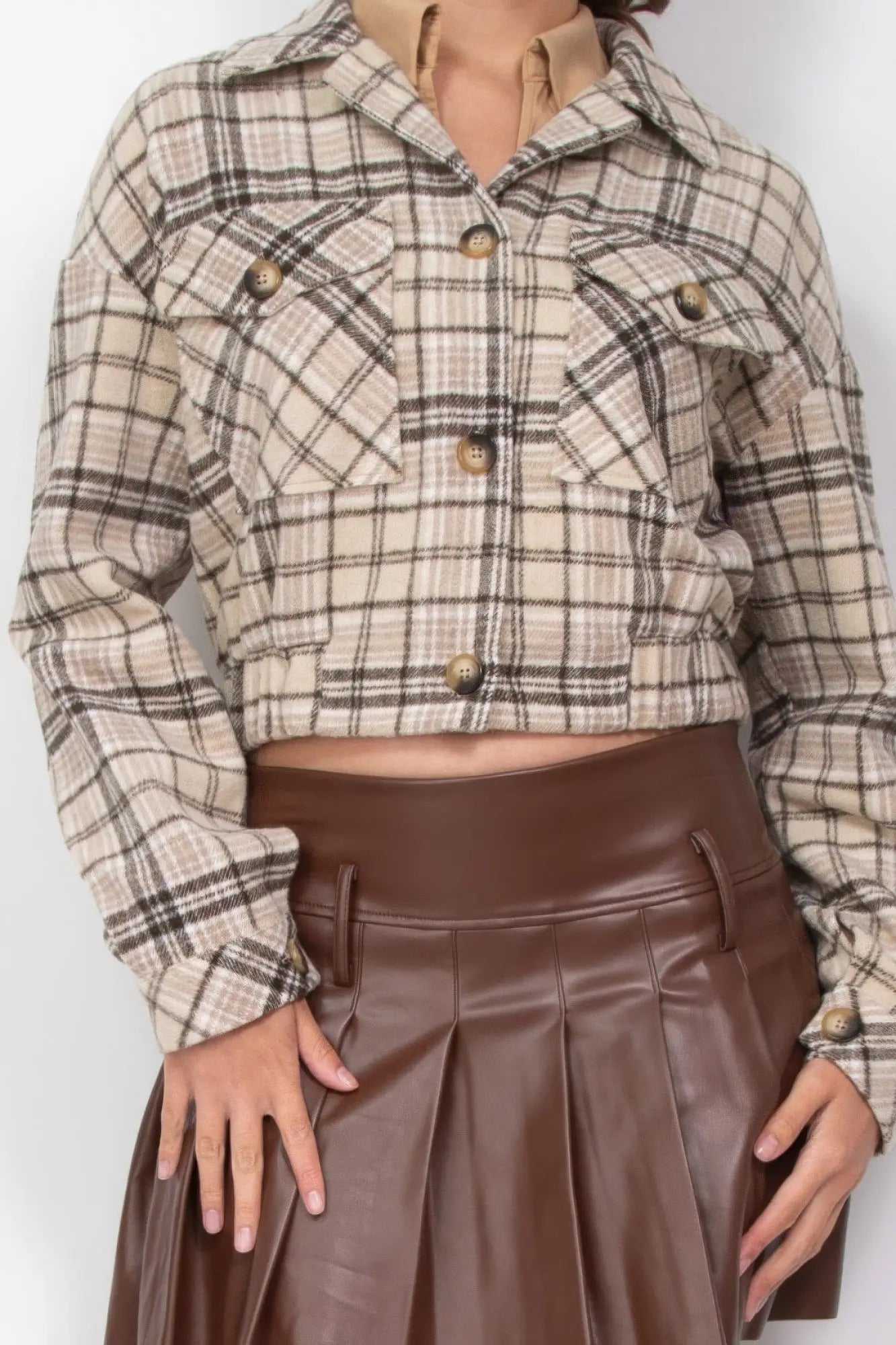 Plaid Button-down Crop Jacket - ThingsWeUseAndLove 