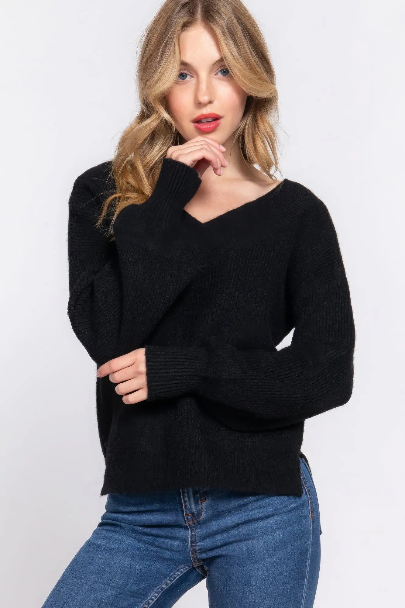 Long Slv Double V-neck Sweater - ThingsWeUseAndLove 