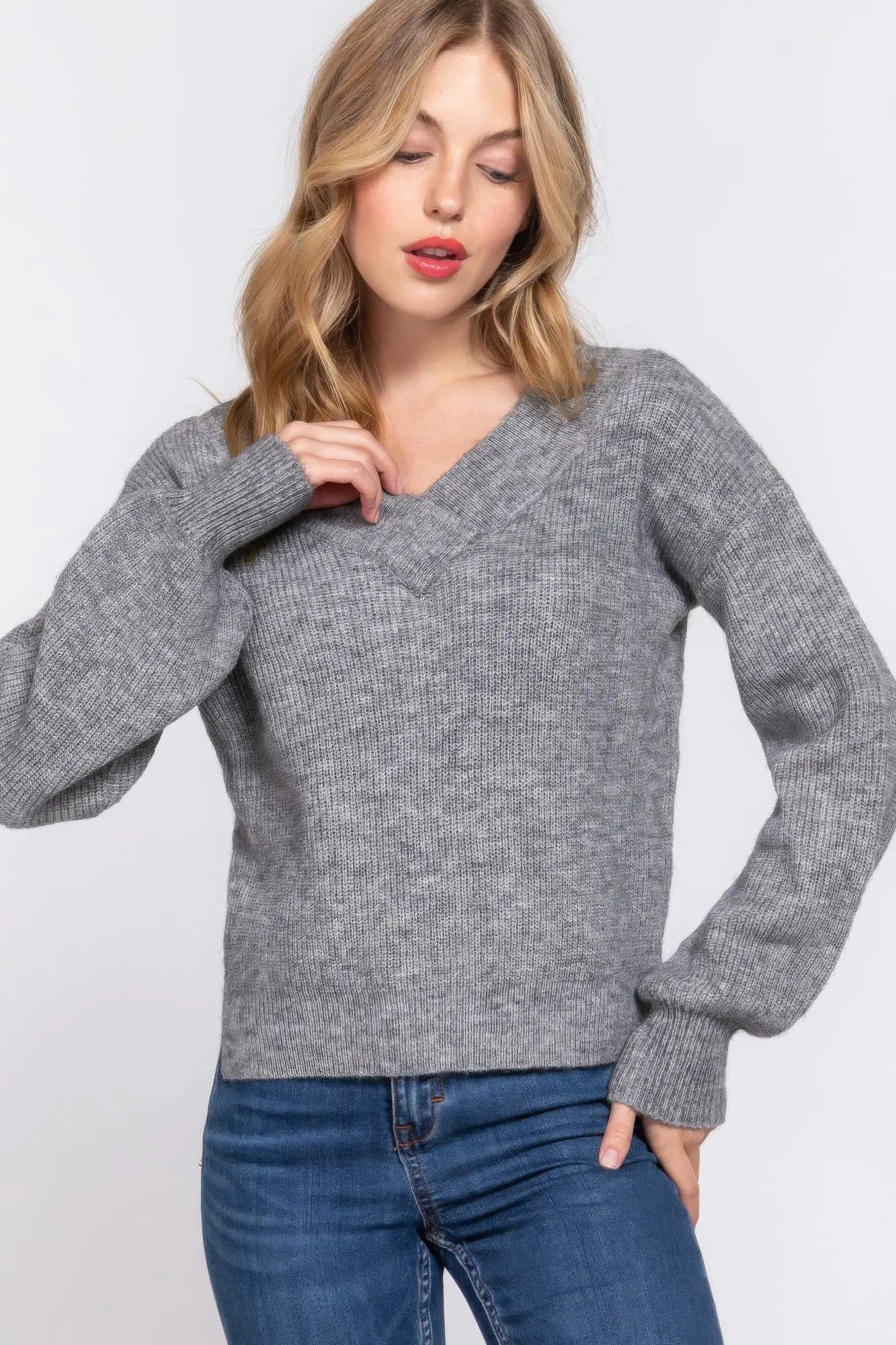 Long Slv Double V-neck Sweater - ThingsWeUseAndLove 