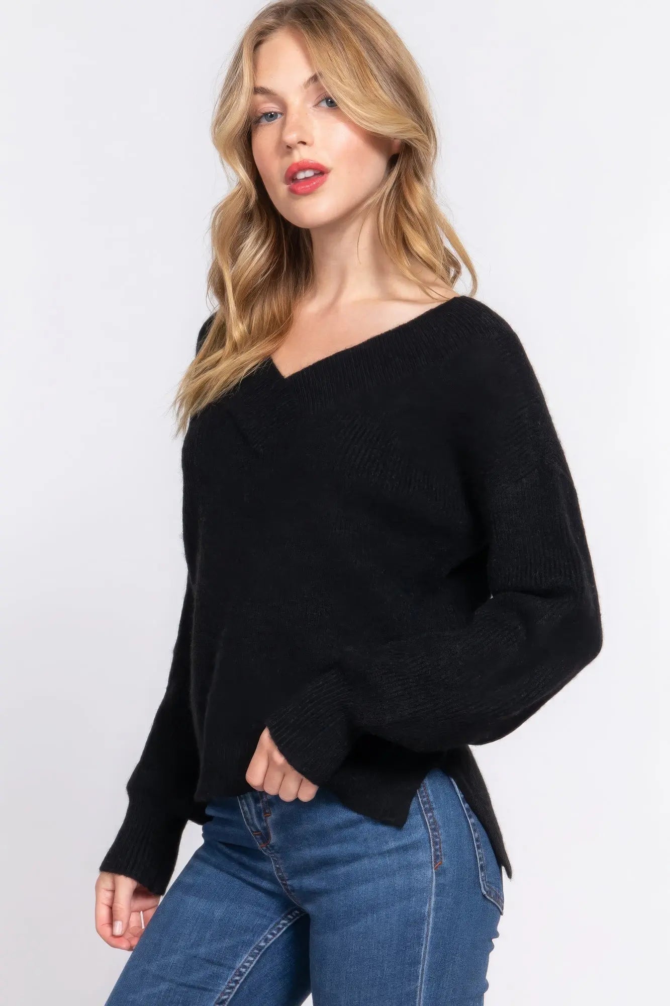 Long Slv Double V-neck Sweater - ThingsWeUseAndLove 