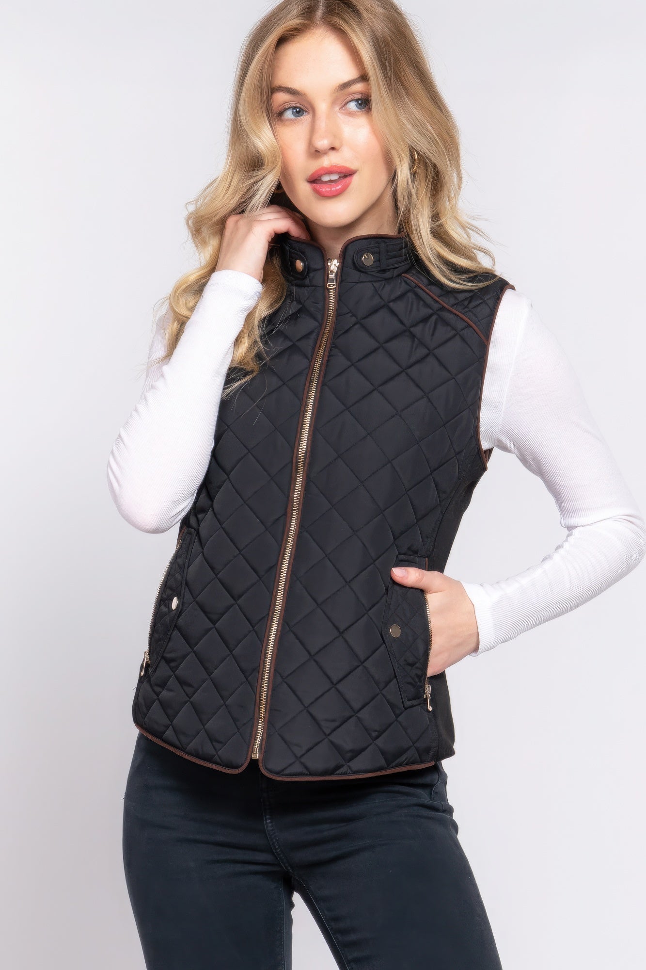 Suede Piping Quilted Padding Vest - ThingsWeUseAndLove 