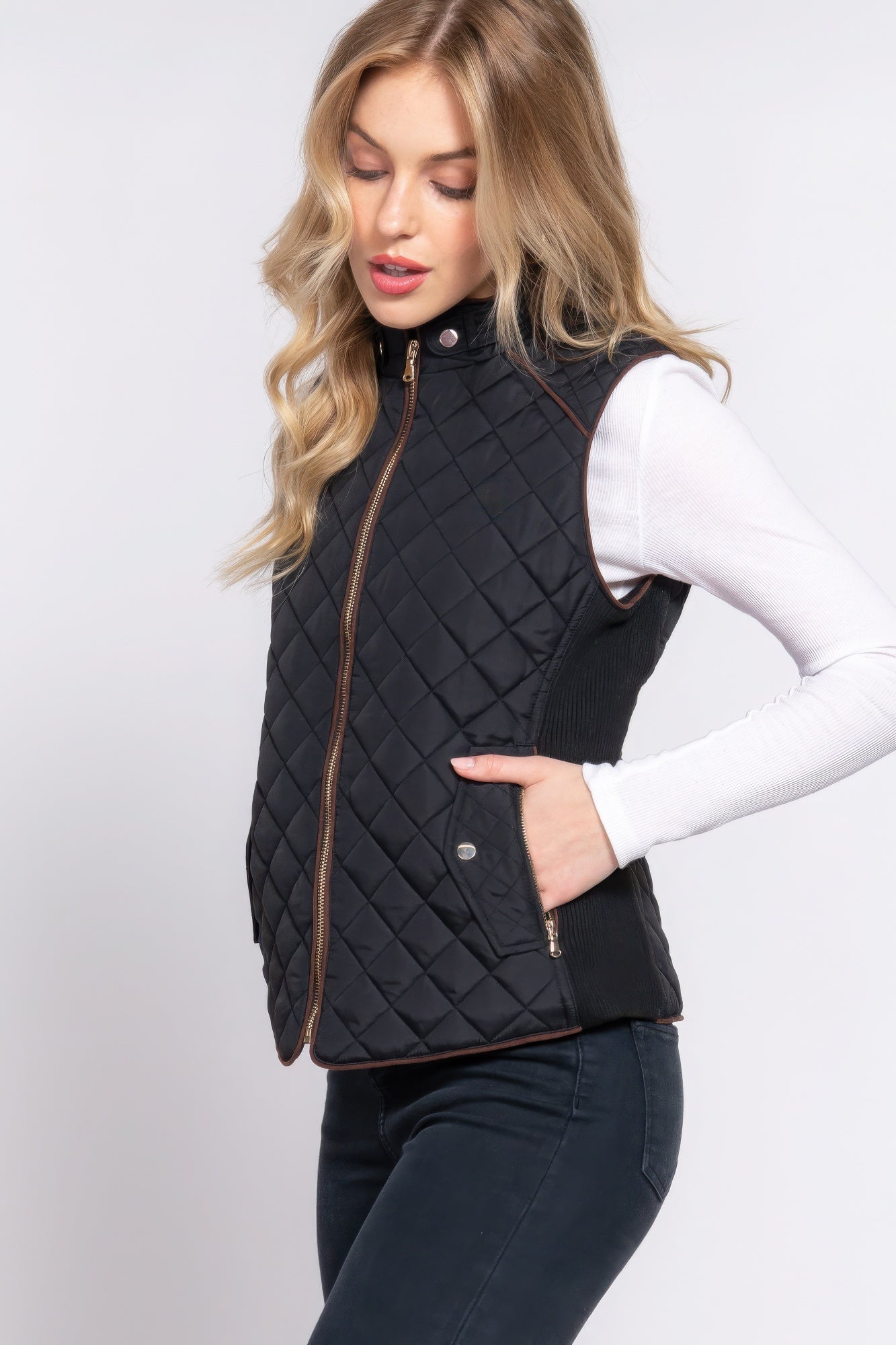 Suede Piping Quilted Padding Vest - ThingsWeUseAndLove 