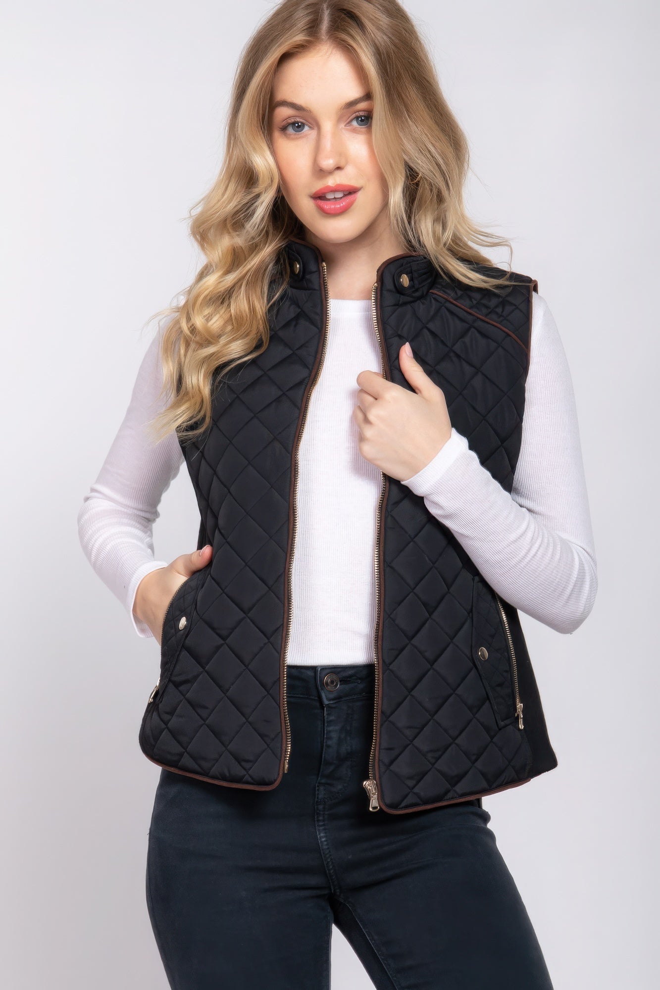 Suede Piping Quilted Padding Vest - ThingsWeUseAndLove 