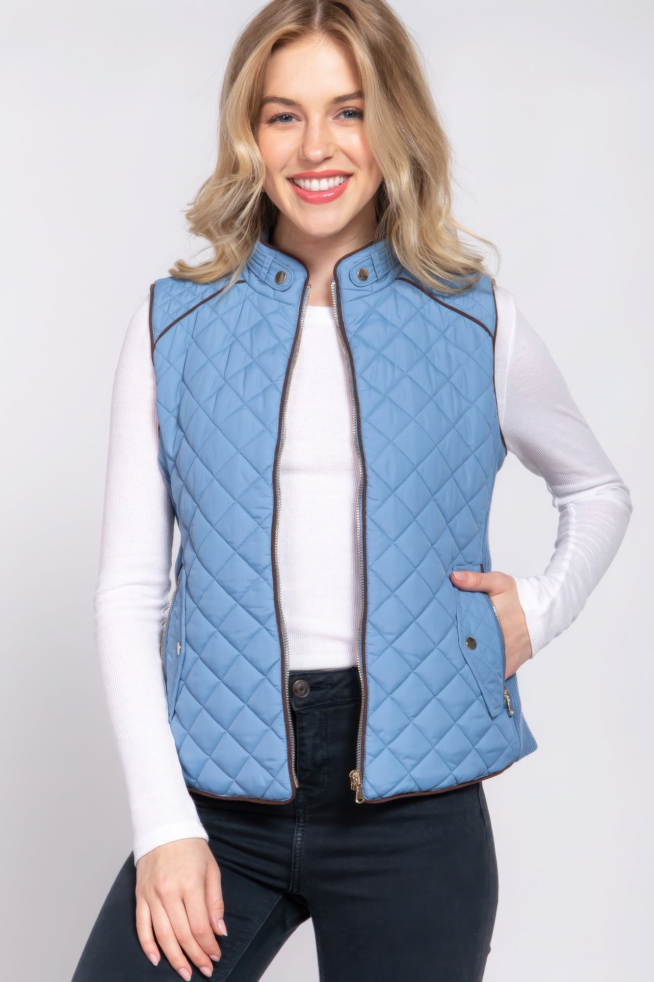 Suede Piping Quilted Padding Vest - ThingsWeUseAndLove 