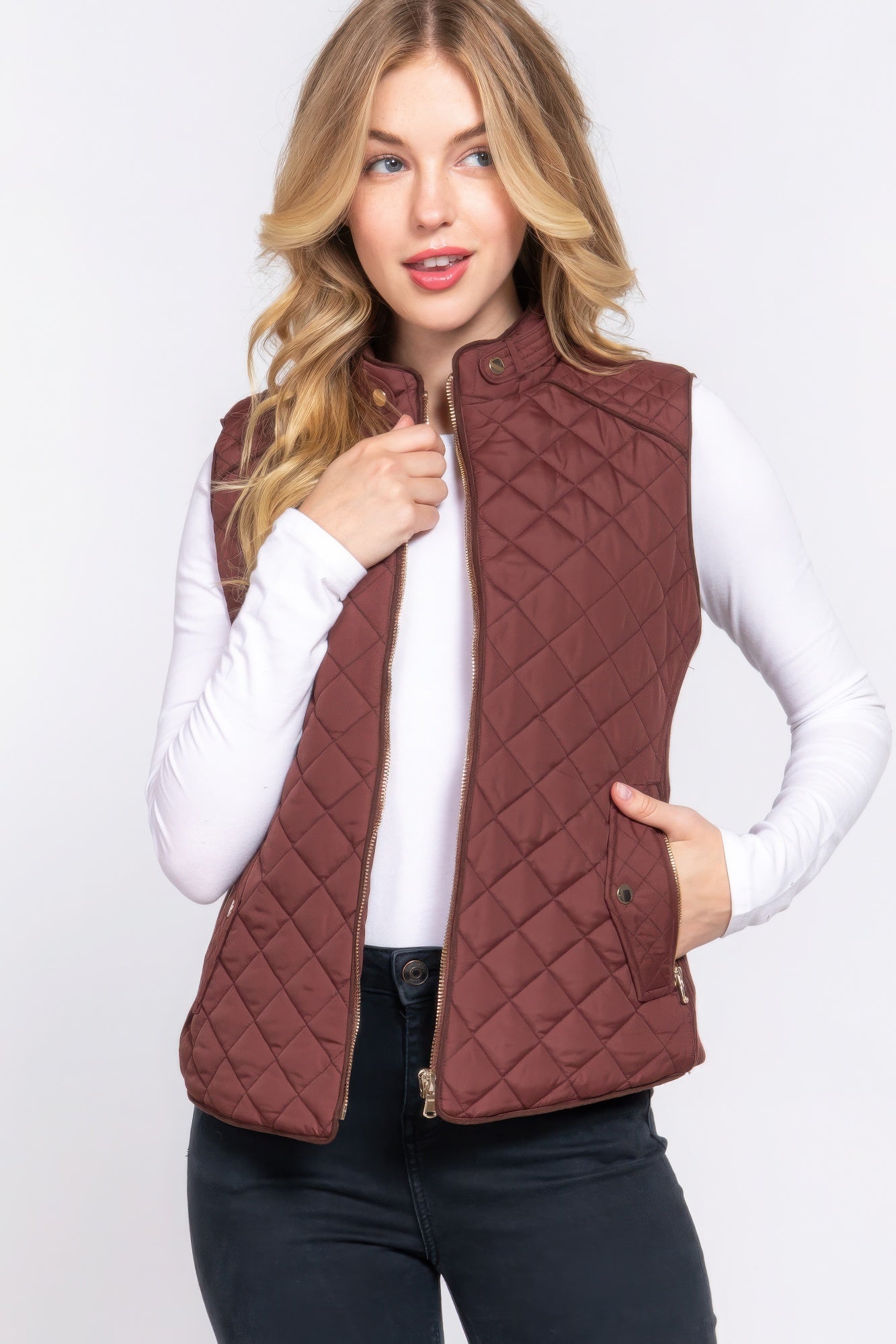 Suede Piping Quilted Padding Vest - ThingsWeUseAndLove 