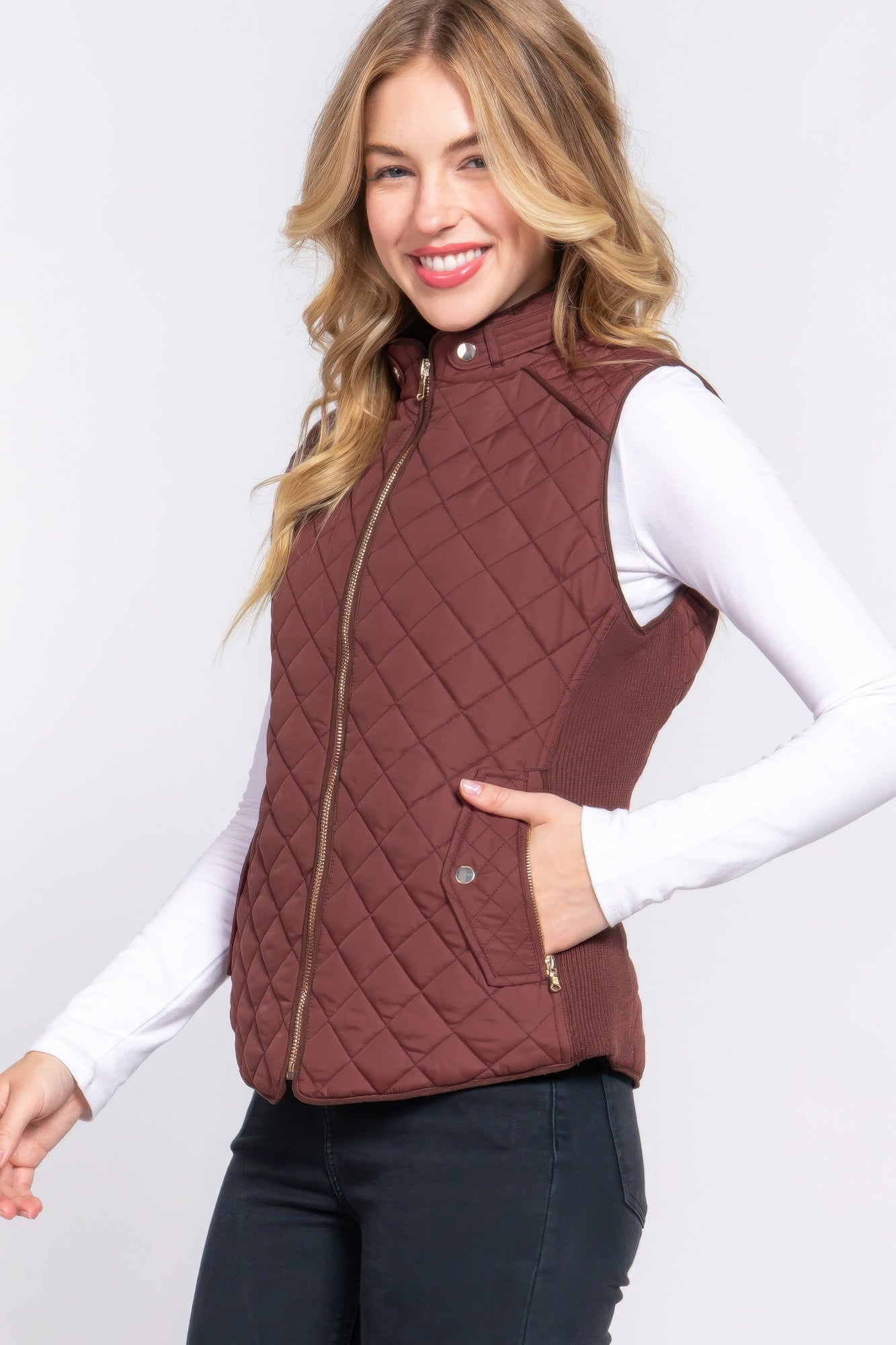 Suede Piping Quilted Padding Vest - ThingsWeUseAndLove 