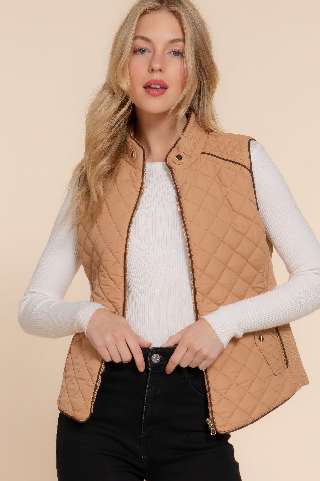 Suede Piping Quilted Padding Vest - ThingsWeUseAndLove 